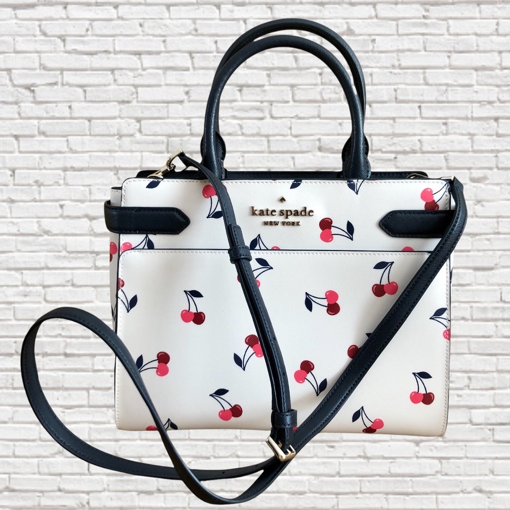 KATE SPADE • Staci Dancing Cherries Printed Leather Medium Convertible Satchel - Picture 1 of 7